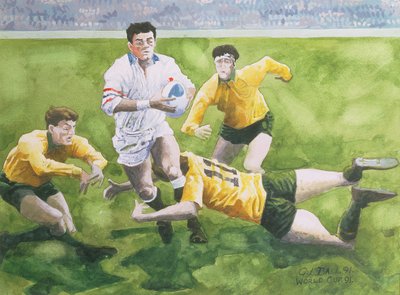 Partido de rugby: Inglaterra contra Australia en la final de la Copa del Mundo, 1991, Will Carling siendo placado de Gareth Lloyd Ball