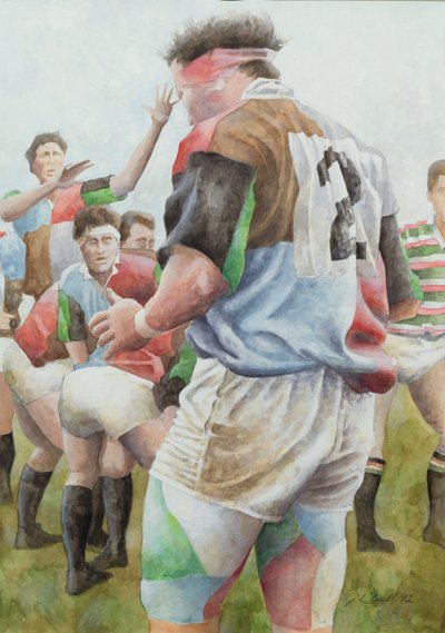 Partido de rugby: Harlequins contra Northampton, Brian Moore en el line out, 1992 de Gareth Lloyd Ball