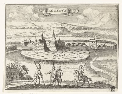 Vista de Levice Imágenes topográficas de Austria, Hungría y los Balcanes (título de serie) Breve descripción, y aen-wysinghe der plaetsen in desen boeck, con sus palabras teghen, de pie, pertinentemente uyt-ghebeldt, en Oostenryck (serie de Gaspar Bouttats