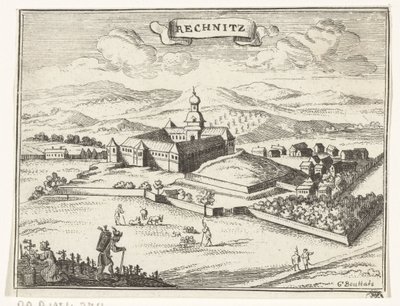 Vista de Rechnitz Imágenes topográficas de Austria, Hungría y los Balcanes (título de serie) Breve descripción, y el aen-wysinghe der placesen in desen boeck, con sus palabras teghen, de pie, pertinentemente uyt-ghebeldt, en Oostenryck (ser de Gaspar Bouttats