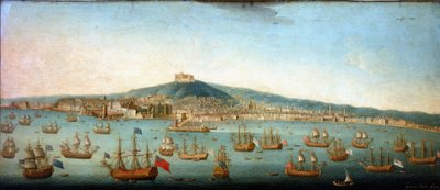 Vista de la bahía de Nápoles con la flota del almirante Byng anclada. de Gaspar Butler