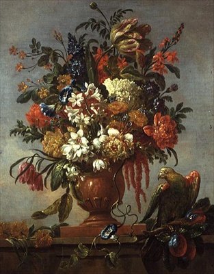 Bodegón de flores en una urna, con un loro rojo de Gaspar Pieter II Verbruggen