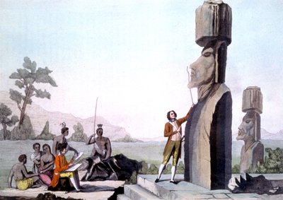 La Perouse con su tripulación, midiendo las estatuas de la Isla de Pascua (1786), grabado de Gaspard (after) Duche de Vancy
