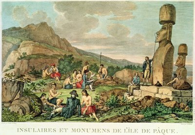 Isleños y monumentos de la Isla de Pascua, lámina 11 del Atlas de Voyage de La Perouse, 1785-88 (grabado) de Gaspard Duche de Vancy