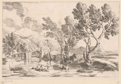 Paisaje fluvial con puente y pescadores. de Gaspard Dughet