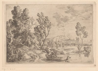 Paisaje de río con hombre en balandra de Gaspard Dughet