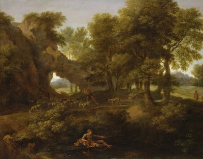 Paisaje con un pescador, un pastor y otras figuras de Gaspard Poussin Dughet