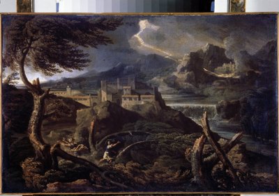 ""Paysage aux eclairs"" (Paisaje con relámpagos) Pintura de Gaspard Dughet (1615-1675) 1670 aproximadamente Dim. 40x62,5 cm Museo del Hermitage, San Petersburgo (San Petersburgo) de Gaspard Poussin Dughet