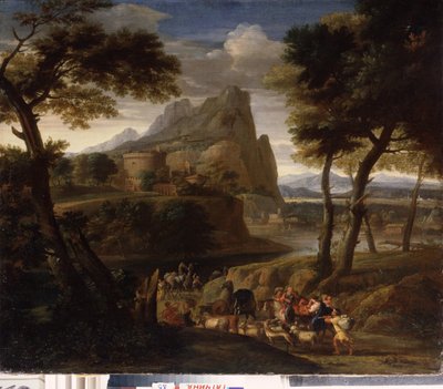 ""Paisaje con grupo de viajeros"" (Paisaje con caravana) Pintura de Gaspard Dughet (1615-1675) Museo estatal al aire libre del siglo XVII Palacio Gatchina, San Petersburgo de Gaspard Poussin Dughet