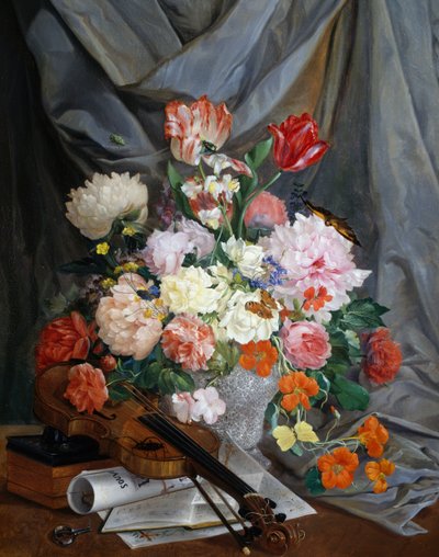 Bodegón con jarrón de flores cortadas y violín, de Gaspare Mattioli, óleo sobre lienzo, Italia de Gaspare Mattioli