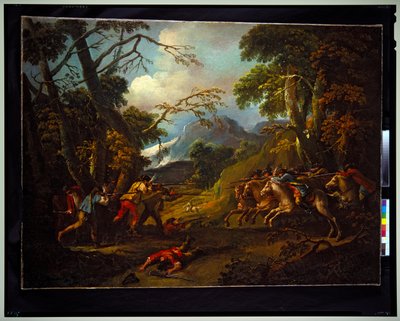 Un par de escenas de género: una batalla y rehenes, sin fecha (lienzo) de Gasparo Diziani