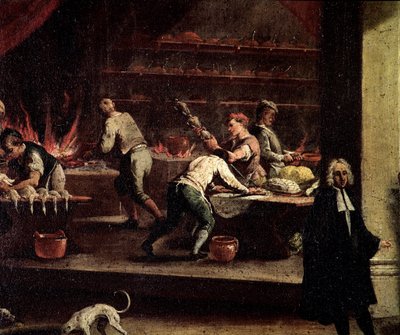 Cocineros venecianos trabajando en una cocina (detalle) de Gasparo Diziani