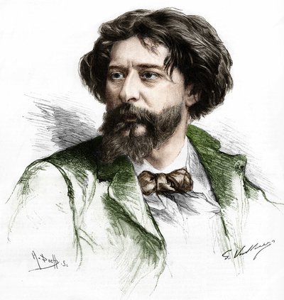 Retrato de Alphonse Daudet (1840-1897), escritor francés. Grabado por A. Pochy después de Gaston Vuillier, sd. finales del siglo XIX de Gaston (after) Vuillier