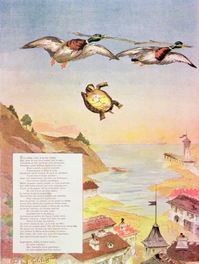 La tortuga y los dos patos, de Fábulas de Jean de La Fontaine (1621-95) 1888 de Gaston Gelibert