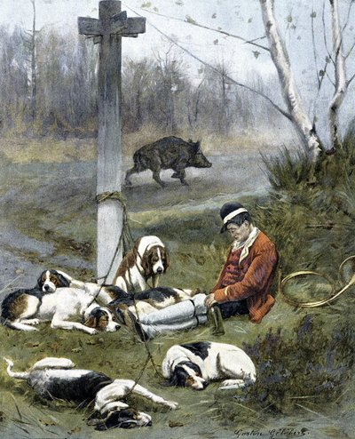 El cazador y sus perros dormidos - grabado por Gaston Gelebert de Gaston Gelibert