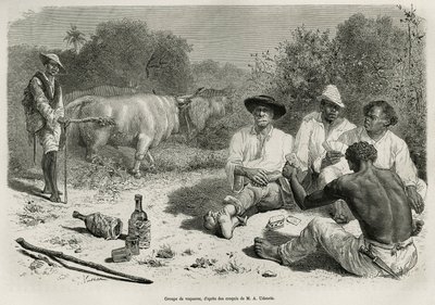 Un grupo de vaqueros jugando a las cartas y bebiendo alcohol, cerca de sus rebaños de bueyes, grabado según un dibujo de G.Vuillier, para ilustrar la historia De Cayena a los Andes, por Jules Crevaux, médico de la marina francesa, en 1878-1879, publicado e de Gaston Vuillier