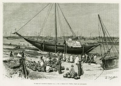 Un tepe en el mercado de Zanzíbar (Tanzania). Grabado de G.Vuillier, para ilustrar la historia Viaje entre los Benadirs, Somalíes y Bayouns, en 1882 y 1883, de G.Revoil, en Le Tour du Monde 1888, dirigido por Edouard Charton (1807-1890), Hachette, París. de Gaston Vuillier