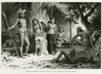 Bivouac y tipos de Lung en el bosque. Grabado por G. Vuillier, para ilustrar la historia De Koutei a Bandjirmasin, viaje por Borneo, por Carl Bock, en le tour du monde 1890, dirigido por Edouard Charton (1807-1890), Hachette, París. de Gaston Vuillier
