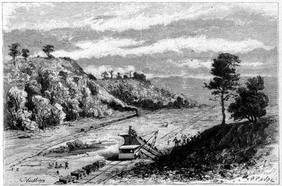 Construcción del canal de Panamá - perforación del istmo de Panamá: vista general del sitio de excavación de Monkey Hill. Grabado de Vuillier en "Le Monde Illustré" n°1309 del 29 de abril de 1882 de Gaston Vuillier