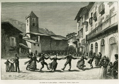 Bailes en la plaza pública. Grabado de G.Vuillier, para ilustrar la historia El valle de Andorra, de Gaston Vuillier, en Le Tour du Monde 1888, dirigido por Edouard Charton (1807-1890), Hachette, París. de Gaston Vuillier