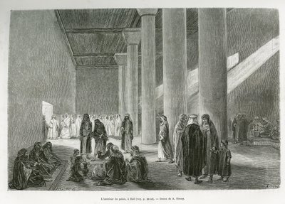 Dentro del palacio del Emir Muhammad Ibn Abdullah Al Rashid (1872-1897), en Hail, Arabia Saudita. Ilustración de la historia “peregrinación al Nedjed, cuna de la raza árabe”, por Lady Anna Blunt, en 1878-1879, publicado en Le tour du monde de Gaston Vuillier