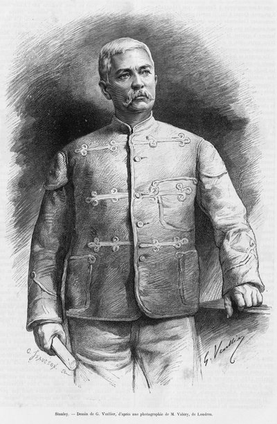 Retrato de Henry Morton Stanley (nacido John Rowlands 1841-1904) periodista y explorador. Grabado de G.Vuillier, para ilustrar la historia En las tinieblas de África, búsqueda descubierta y retirada de Emin Pacha. de Gaston Vuillier