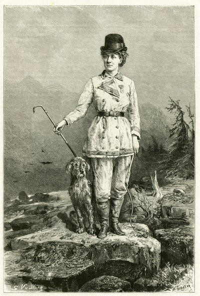 Retrato de Madame Marie De Ujfalvy-Bourdon, en traje de viaje, con su perro, casada con el etnólogo lingüista y explorador Charles Eugene Ujfalvy (1842-1904), lo acompañó en todas sus expediciones. Grabado de G.Vuillier. de Gaston Vuillier