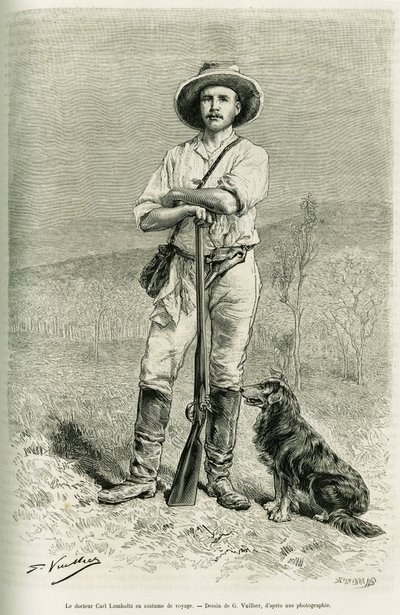 Retrato del viajero autor Carl Lumholtz. Grabado por G. Vuillier, para ilustrar la historia Chez les cannibales, viaje en el noreste de Australia de Gaston Vuillier