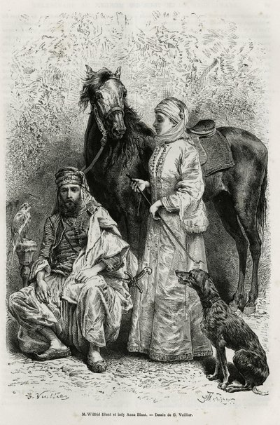 Retratos del Sr.Wilfrid Blunt (1840-1922), poeta y escritor, y su esposa, Lady Anna Blunt (de soltera King Noel (King Noel) 1837-1917), la primera mujer europea en explorar el Medio Oriente, vistiendo un traje de viaje, frente a uno de los caballos árabes  de Gaston Vuillier