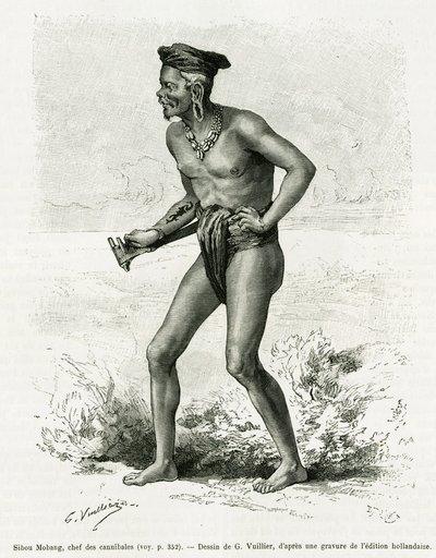 Sibou Mobang, jefe de caníbales. Grabado por G. Vuillier, para ilustrar la historia 