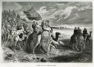 El Berak, la bandera del Emir Ibn Al Rashid (1872-1890) (Arabia Saudita). Grabado por G.Vuillier, para ilustrar la historia “peregrinación al Nedjed, cuna de la raza árabe”, por Lady Anna Blunt, en 1878-1879, publicado en el Tour du monde, bajo la direcció de Gaston Vuillier