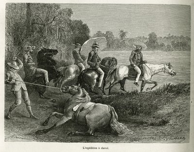 La expedición a caballo para la exploración del valle de Terable, grabado después de un dibujo de G. Vuillier, ilustración de la historia De Cayena a los Andes, por Jules Crevaux, médico de la marina francesa, en 1878-1879, publicado en el tour du monde, b de Gaston Vuillier