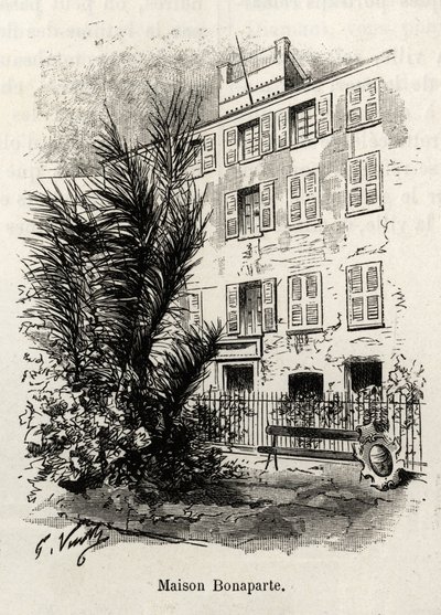 La fachada de la casa Bonaparte, en la que Napoleón Bonaparte (1769-1821) no está. Grabado e historia “Córcega” de Gaston Vuillier (1890) de Gaston Vuillier