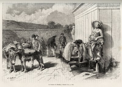 La fuente del Rossello, en Sassari (Italia). Actividades diarias, mujer llenando una criche y aguadores con sus burros, llenando sus barriles. Ilustración de “La Sardaigne” por Gaston Vuillier (1845-1915), en 1890, en Le tour du monde, nouveau journal des  de Gaston Vuillier