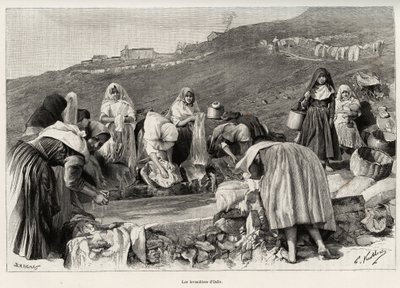 Las lavanderas de Osilo (Italia), mujeres reunidas alrededor del estanque. Grabado y historia “La Cerdeña” por Gaston Vuillier, en 1890, en Le tour du monde, nuevo diario de viajes, bajo la dirección de Edouard Charton de Gaston Vuillier