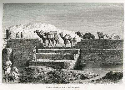 El depósito de Abdallah (Arabia Saudita). Ilustración de la historia “peregrinación al Nedjed, cuna de la raza árabe”, por Lady Anna Blunt, en 1878-1879, publicado en Le tour du monde de Gaston Vuillier