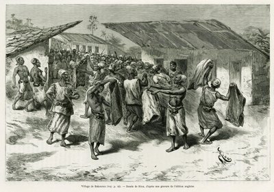 El pueblo de Bakourou, los indígenas reciben regalos para las negociaciones de paz. Grabado por G. Vuillier, para ilustrar la historia 