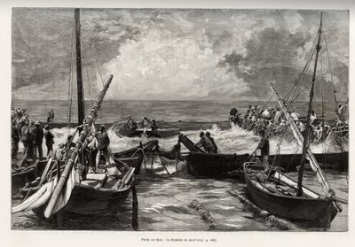 Pesca de atún (matanza): la cámara de la muerte, los atunes presionados en un espacio reducido son cubiertos por los arpones de los pescadores. Ilustración de “La Sardaigne” por Gaston Vuillier (1845-1915), en 1890, en Le tour du monde, nouveau journal des de Gaston Vuillier