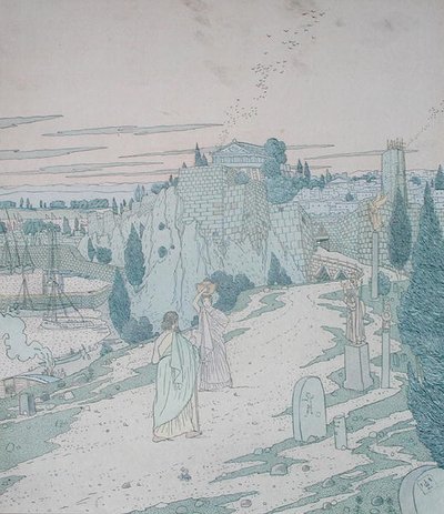 Ulises se encuentra con la diosa Minerva disfrazada de niña con una jarra, ilustración del Libro 6 de la Odisea, traducida por Lecomte de l