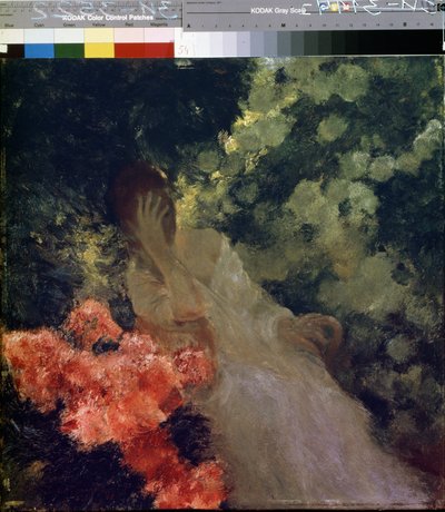 En el jardin. (En el jardín). Una mujer de blanco, con aspecto desesperado, oculta su rostro en su mano. Pintura de Gastón de La Touche (1854-1913) de Gaston de Latouche