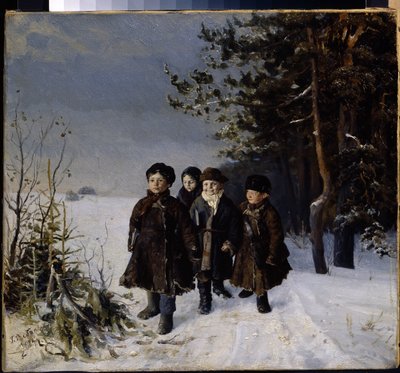 Regreso de la escuela - Pintura de Gavriil Fyodorovich Rybakov (1859-?), óleo sobre lienzo de Gavriil Fyodorovich Rybakov