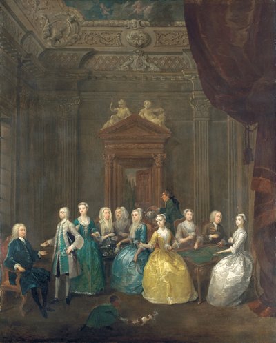 Retrato de la familia Porten tomando té en un interior lujoso de Gawen Hamilton