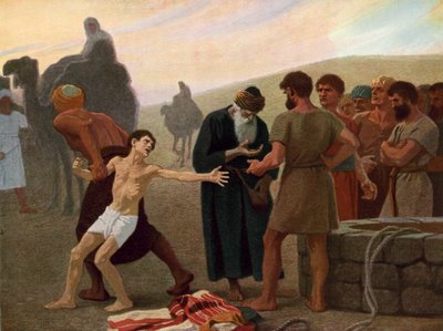 José es vendido como esclavo por sus celosos hermanos, c.1940 (litografía en color) de Gebhard Fugel