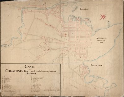 Norsk bokmål: Mapa de la colección de mapas de la Biblioteca Nacional. El mapa fue publicado en Handtegnet (1649) y muestra Christiania. de Geelkerck