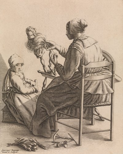 Una mujer hilando, Placa 4 de Cinco ocupaciones femeninas, ca. 1640-57 de Geertruydt Roghman
