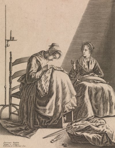 Dos mujeres cosiendo, Placa 1 de Cinco ocupaciones femeninas, ca. 1640-57 de Geertruydt Roghman