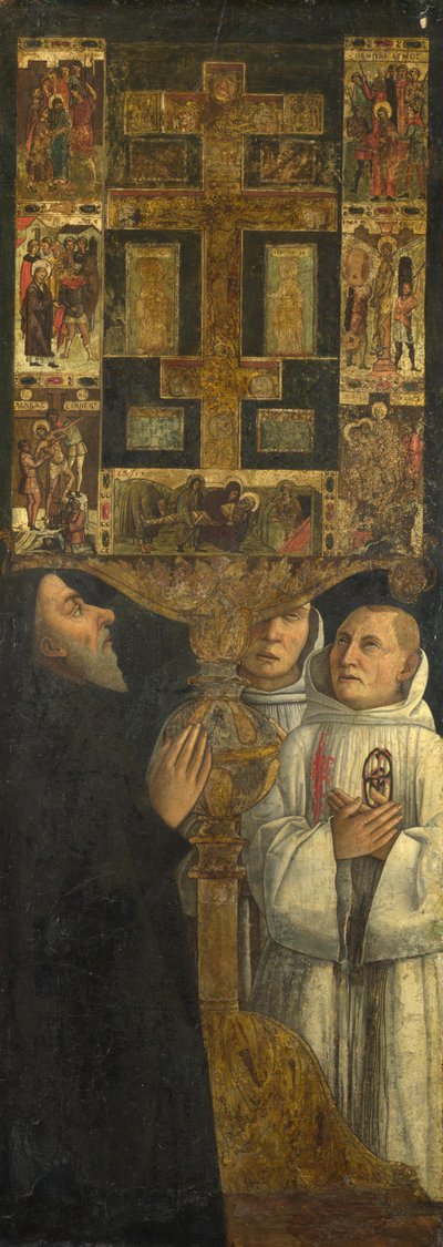 Cardenal Bessarion y dos miembros de la Scuola della Carità en oración con el relicario de Bessarion de Gentile Bellini