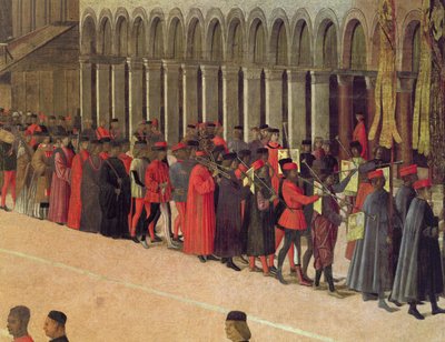 Procesión en la Plaza de San Marcos, detalle de músicos (detalle) de Gentile Bellini