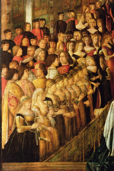 El milagro de la cruz en el puente de San Lorenzo, detalle de Caterina Cornaro y sus damas (detalle) de Gentile Bellini