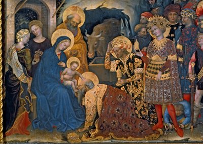 La Adoración de los Magos, detalle de la Virgen y el Niño con los tres reyes (detalle) de Gentile da Fabriano